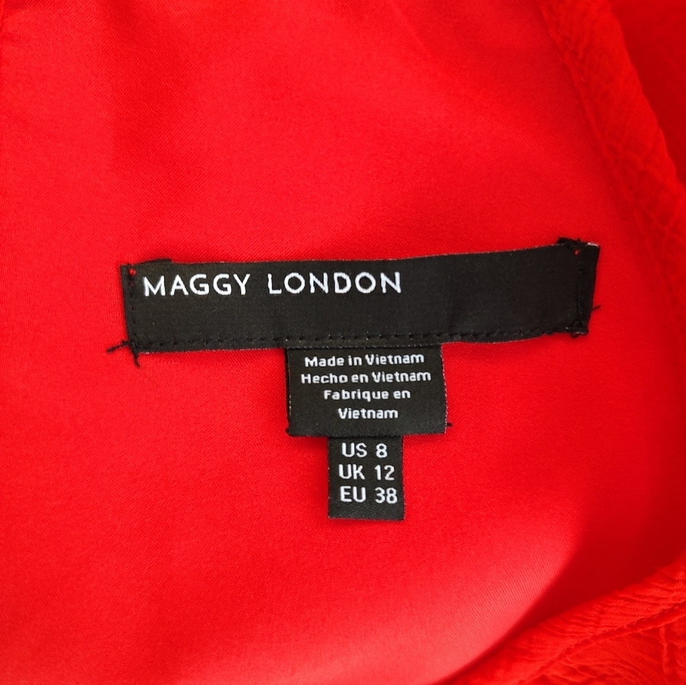 Maggie London Gauze Chiffon Smocked Waist Midi Dress Red Women's Size 8 - Picture 12 of 12